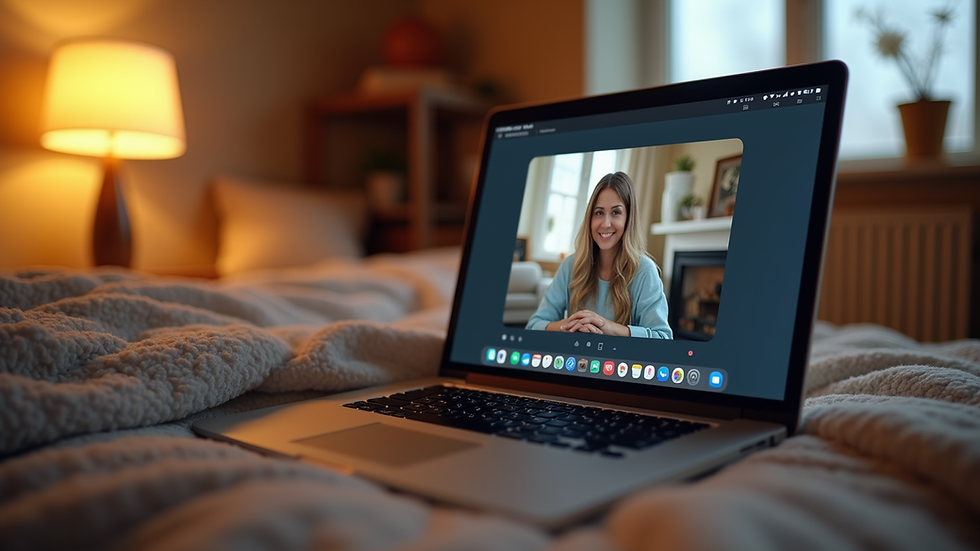 Eye-level view of a cozy room with a laptop displaying a chat interface