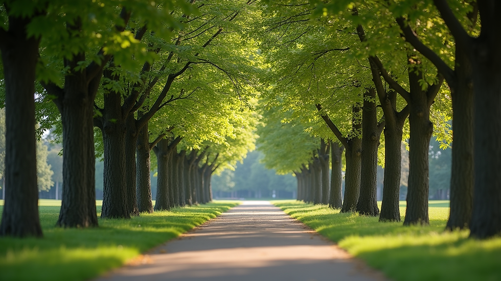Eye-level view of a serene park pathway lined with trees