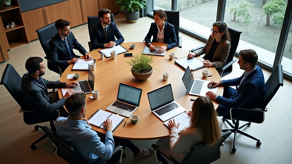 High angle view of a round table with notebooks, laptops, and coffee cups during a team meeting