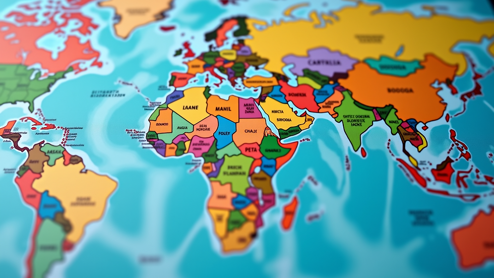 Close-up view of a world map with marked international business locations