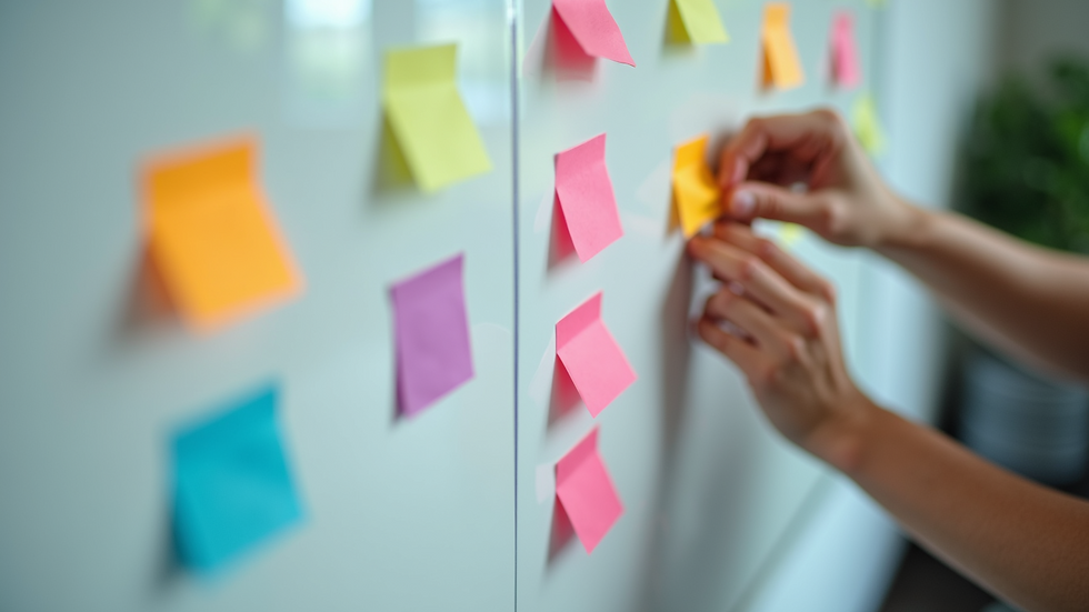 Close-up view of hands arranging colorful sticky notes on a whiteboard during a brainstorming session