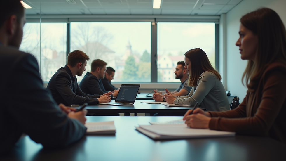 Eye-level view of a modern classroom with students engaged in group discussion