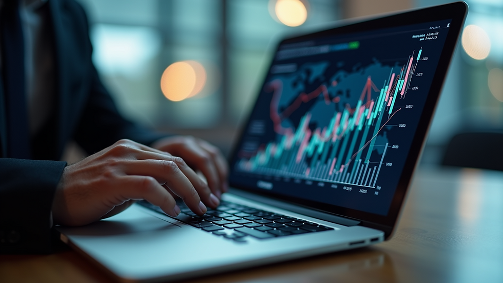 Close-up view of a businessperson analyzing global market data on a laptop