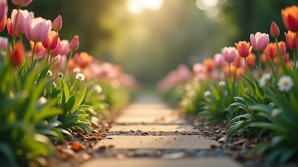 Eye-level view of a serene garden path lined with blooming flowers