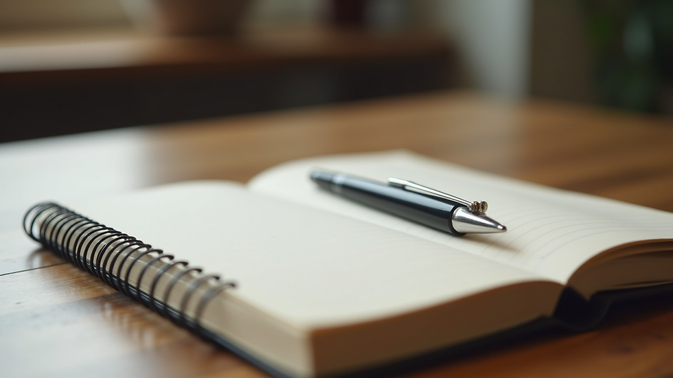 Close-up view of a journal and pen on a wooden table, symbolizing reflection and personal growth