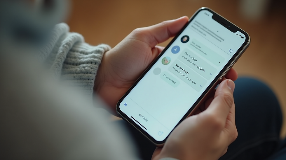 Close-up view of a smartphone screen showing a mental health chat app