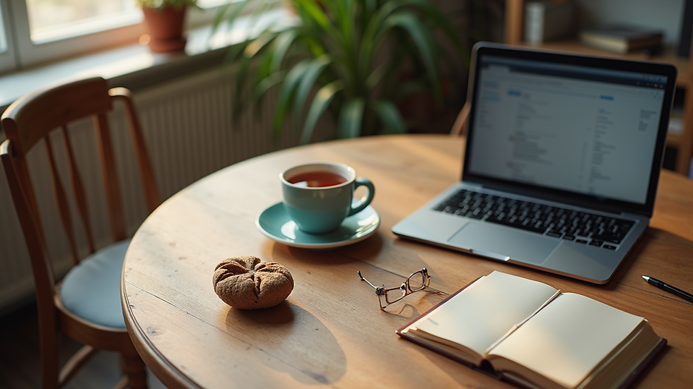 High angle view of a quiet room with a laptop and a cup of tea
