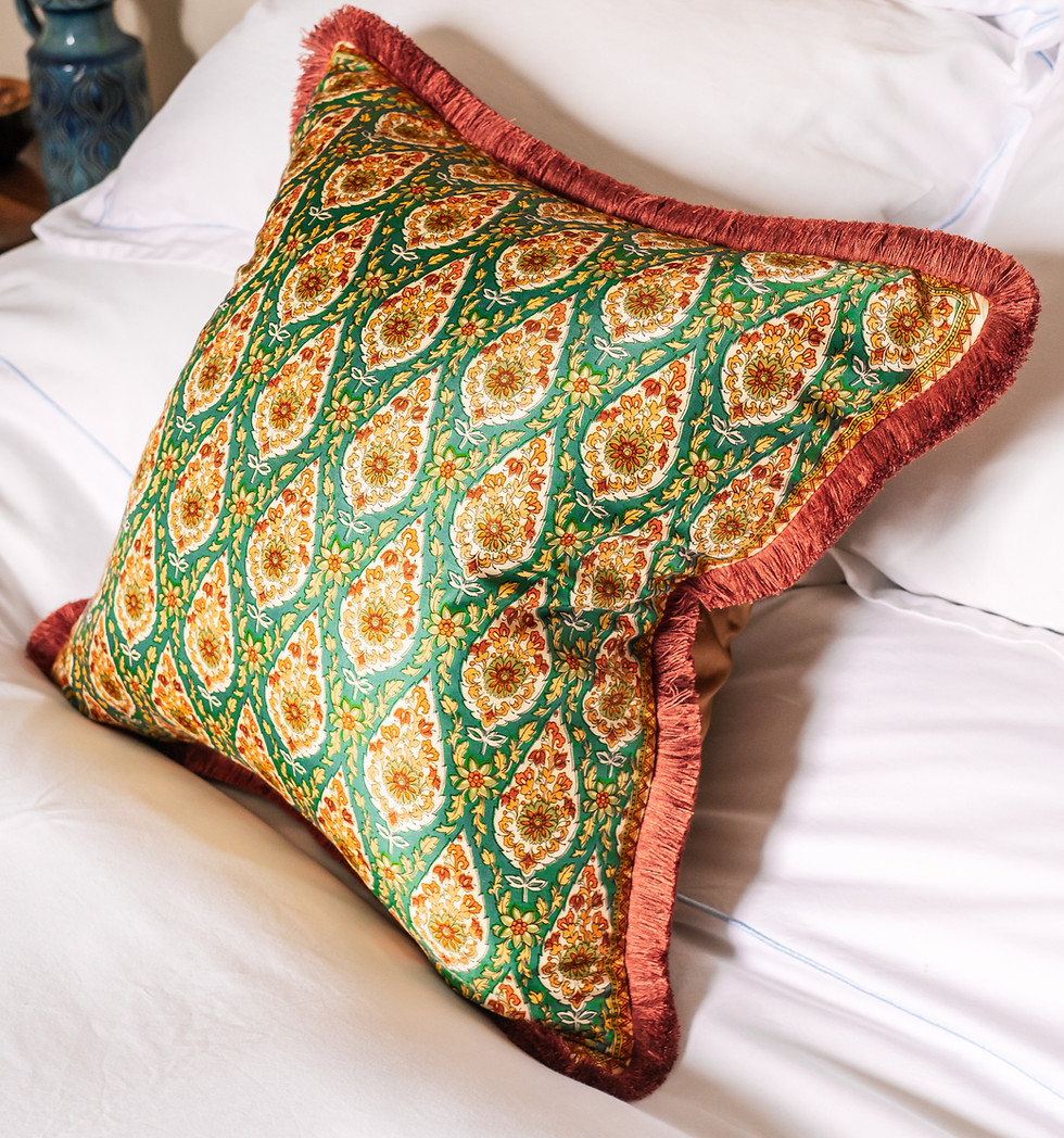 Rust and Green paisley cushion with brush trim made from vintage scarf