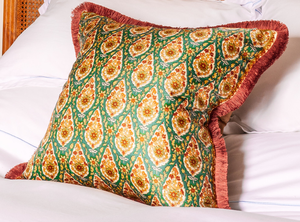 Rust and Green Paisley vintage cushion made from satin scarf.
