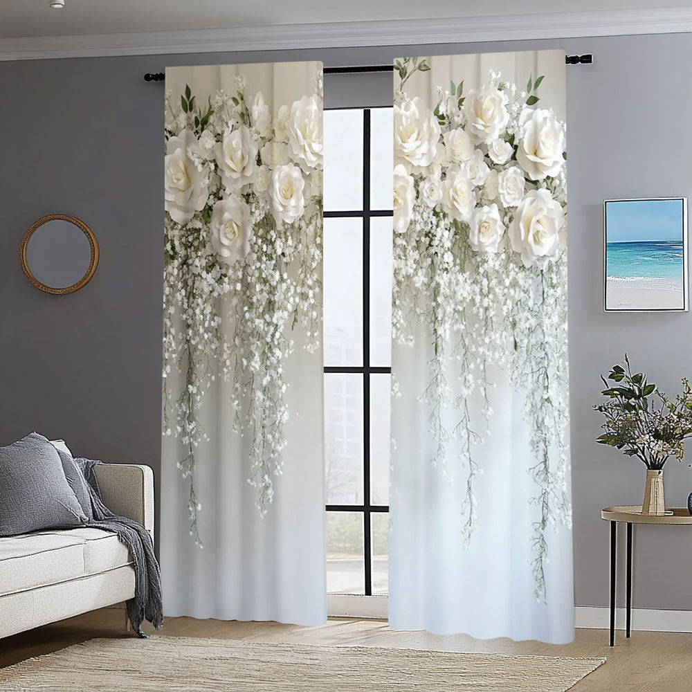 2pcs 2D Printed White Flower Curtains, Easy Install Polyester
