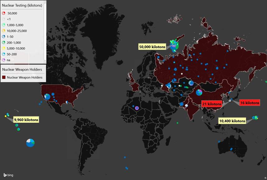World map nuclear testing by size (kilotons)