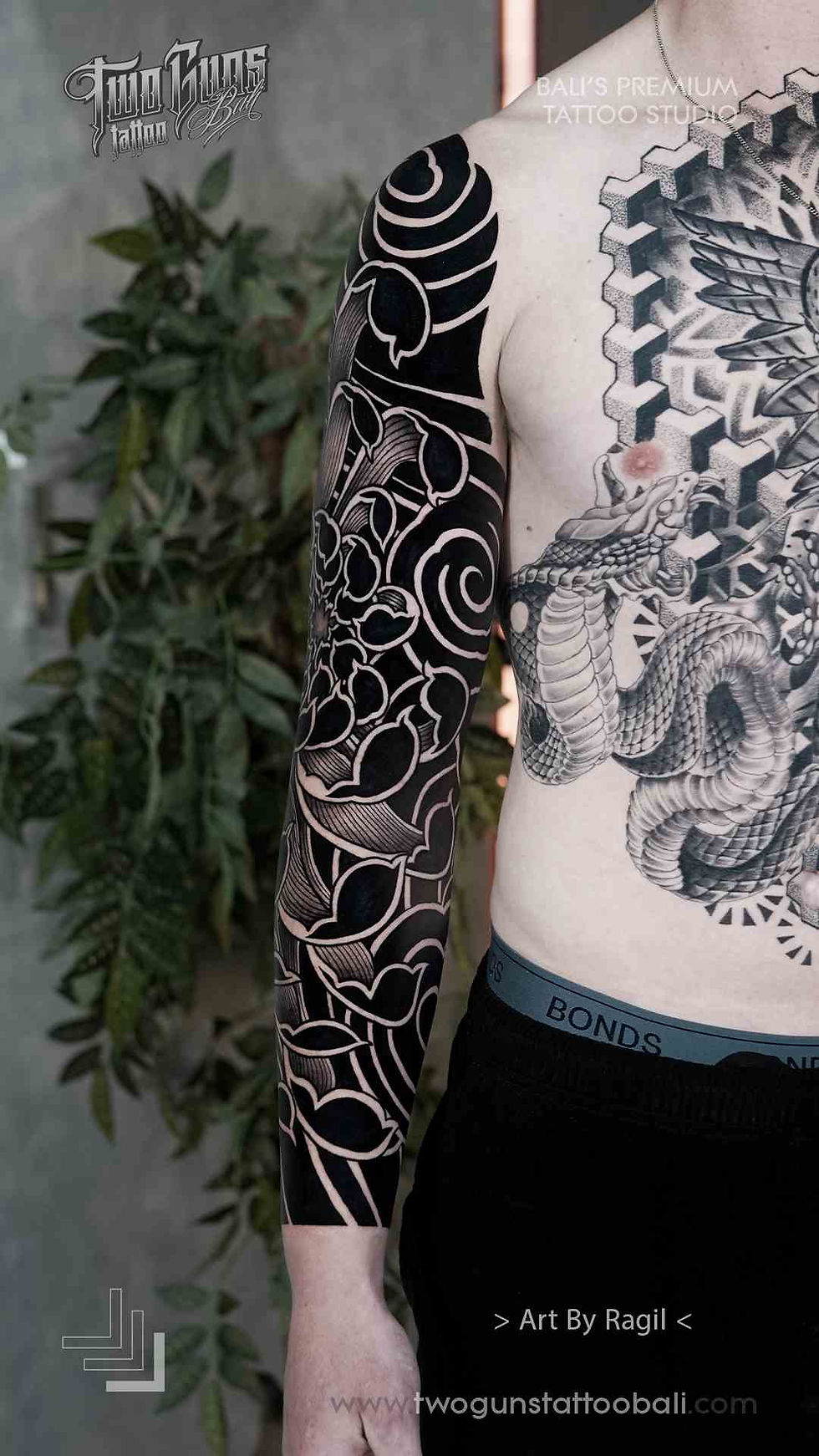 Black and Grey-Blackwork-Lotus-Full-Arm-Sleeve-Tattoo