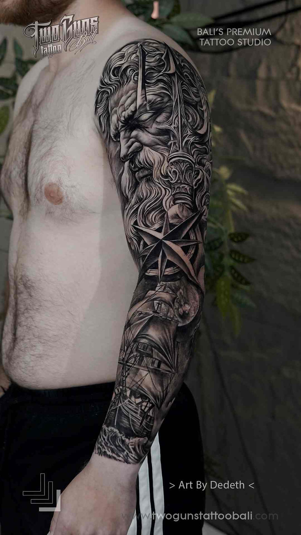 Black and Grey-Realistic-Zeus-Ship-Tattoo