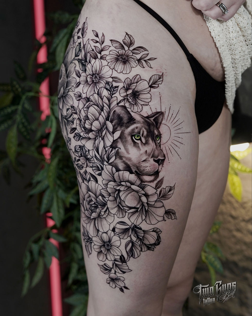 Fine-Line-Flower-Lion-Girl-Tattoo
