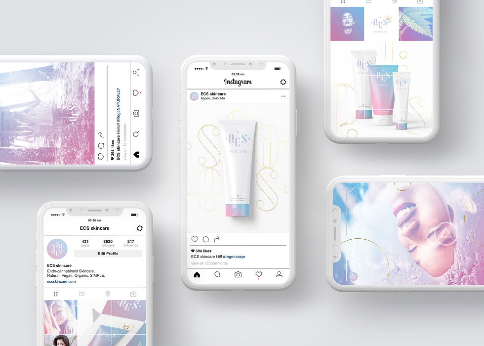 Design de contenus visuels pour les réseaux sociaux et la communication digitale de la marque de produits cosmétiques de luxe ECS Skincare, studio de branding Downtown à Lyon
