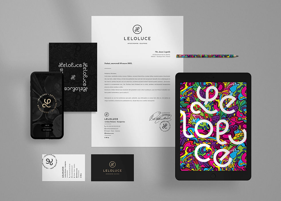 The artist's visual identity and logo presented in the form of mock-ups