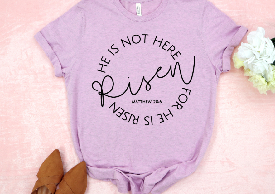 Thumbnail: He is Risen Cross, Lettered Cross, Matthew 28 shirt, Resurrection shirt, Easter