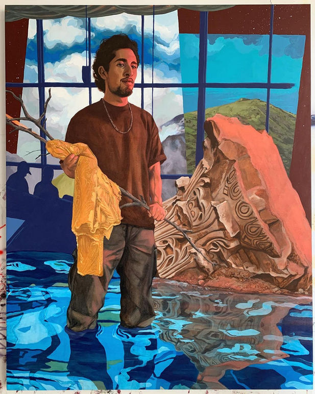 Layqa Nuna Yawar, “#blueorigin,” 46 x 58 x 1.5 in, oil and acrylic on canvas, 2021