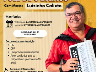 Associação Cultural Balaio Nordeste abre inscrições para Oficina de Fole de 8 Baixos com Luizinho Calixto