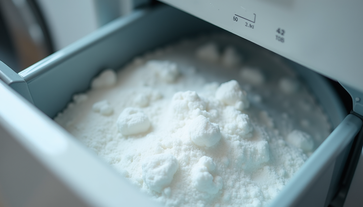 Close-up view of detergent drawer with buildup and residue