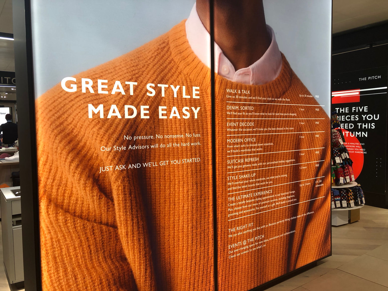 Photograph of the interior of John Lewis Oxford Street, illustrating the copywriting completed by Sarah Hunt for their new Menswear department