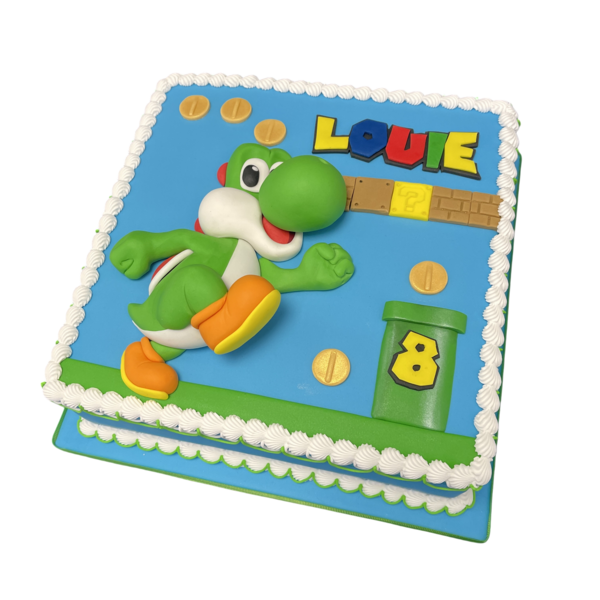 Delightful Super Mario themed cake featuring Yoshi character, perfect for gaming enthusiasts and fans of the iconic video game series.