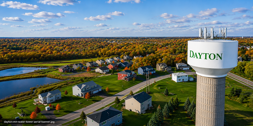 Dayton, Minnesota water tower and surrounding neighborhoods served by Excel Roofing and Construction.