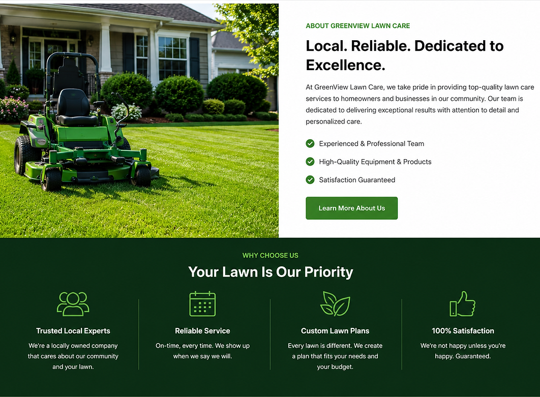 Professional lawn care website section with company information and service highlights