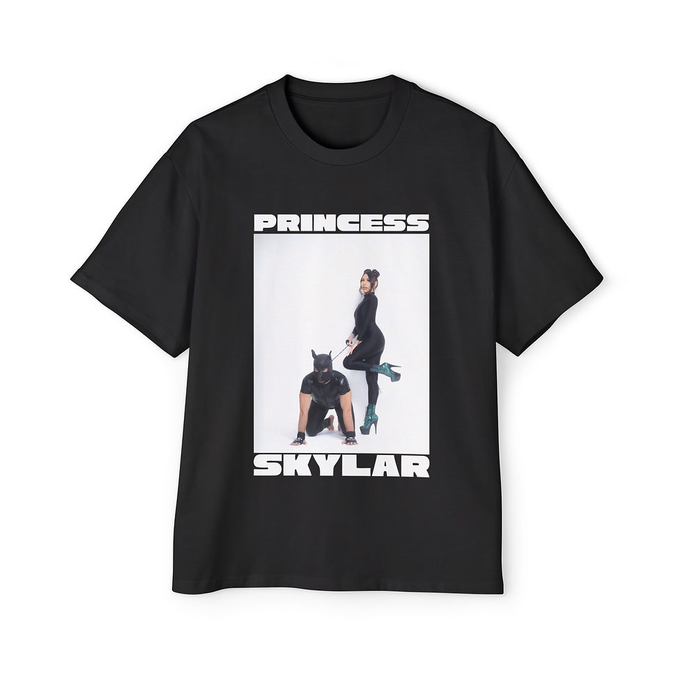Black short-sleeve cotton tee with an image of Princess Skylar holding a leash attached to a man kneeling in a dog mask.