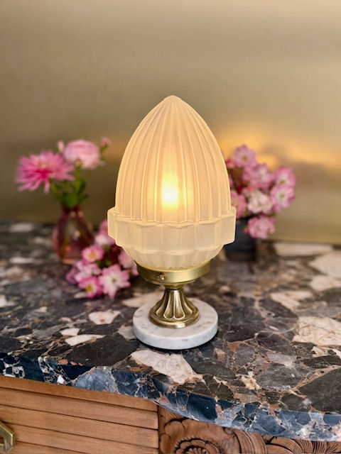 Miniature : Lampe Art Déco 1930 avec globe obus plissé