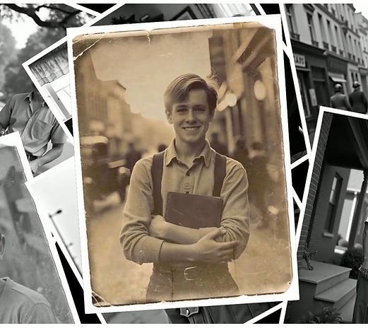 A stylized collage of black and white photos with a highlighted portrait in the center, representing an auto-generated life review video.