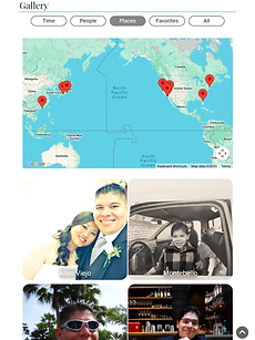 A digital photo gallery of a man's life, including childhood, travel, and relationship moments, with a world map showing places visited.