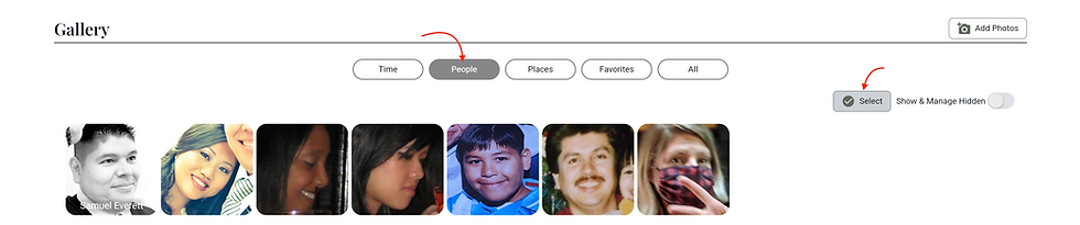 A Life Portrait interface showing an individual's profile with detected faces, allowing users to merge faces that belong to the same person.