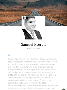 Sample Living Portrait tribute page featuring a photo, name, and a written memory.