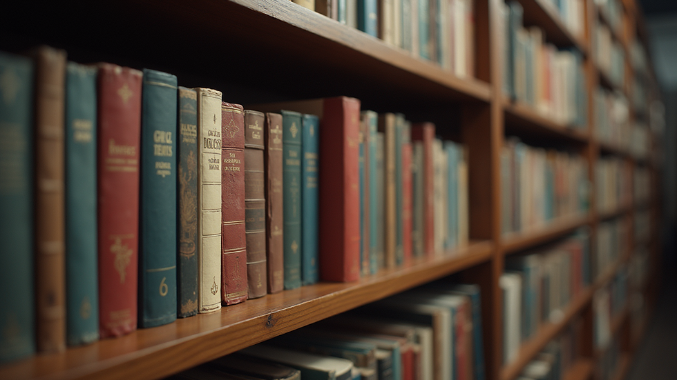 Eye-level view of a bookshelf filled with books from different decades