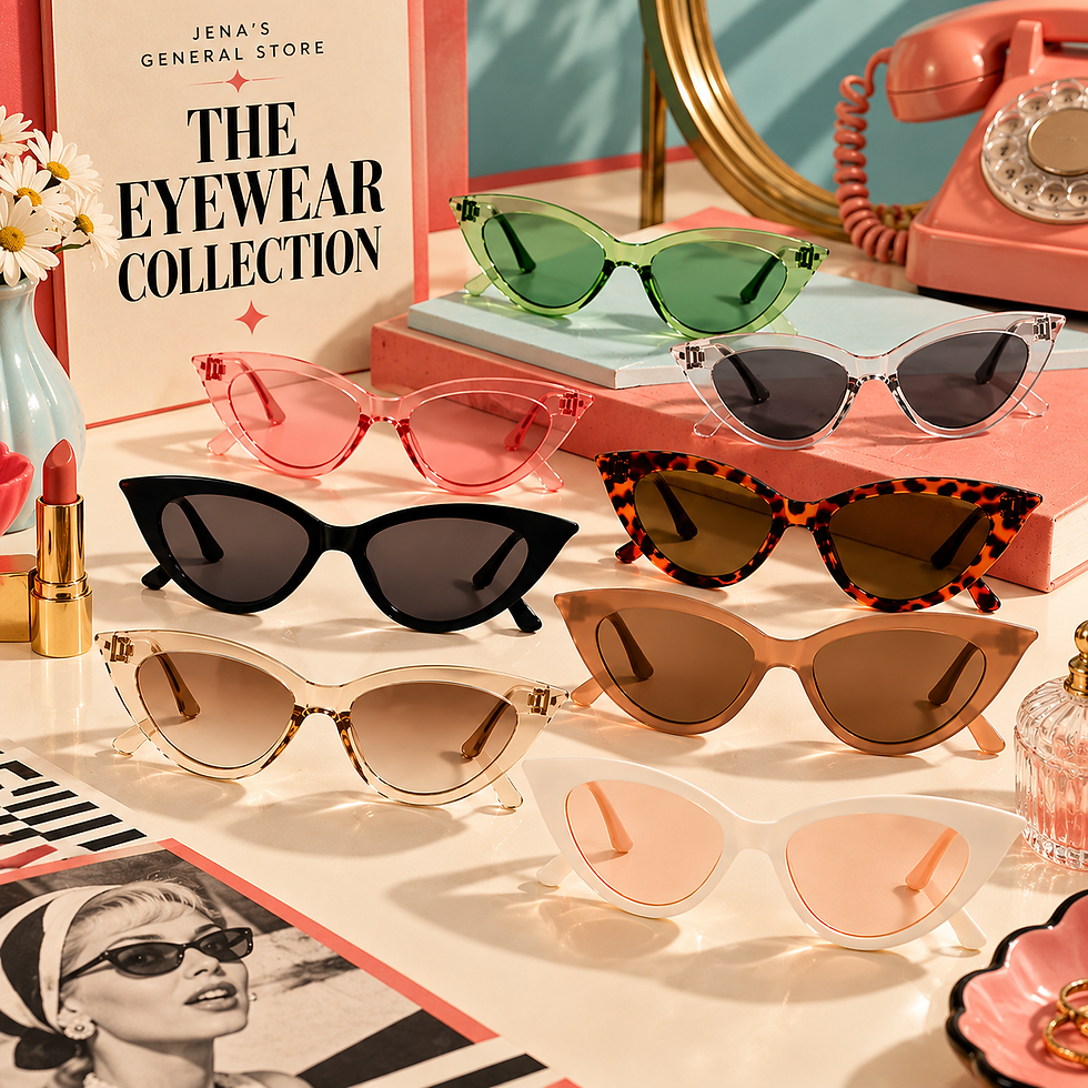 Retro cat-eye sunglasses in a variety of colours displayed in a 1960s-inspired setting by Jena’s General Store.