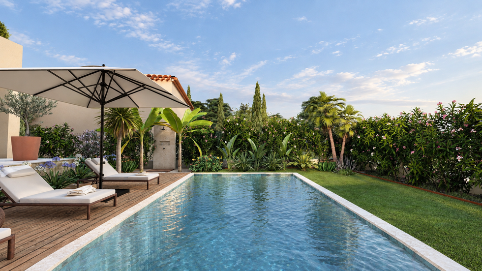 Piscine, amenagement paysager, conception 3D, exotique, Méditerranéen, jardin, maison, vegetaux, sud de la France