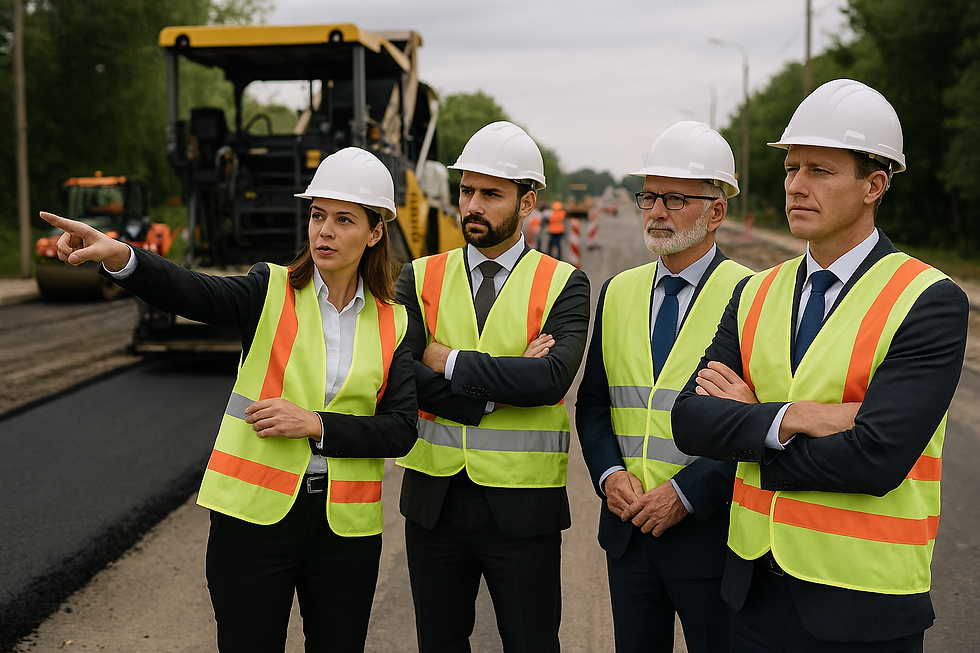 Eye-level view of a construction site with workers overseeing the project