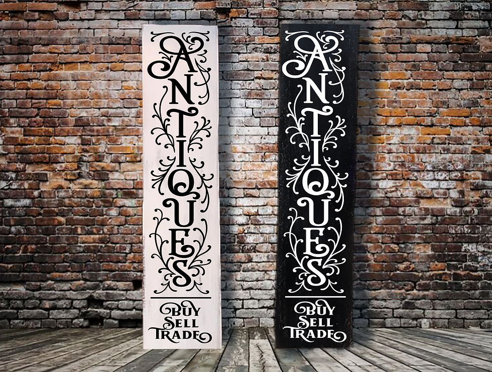 Antiques, Buy Sell Trade Scroll Vertical Porch Sign