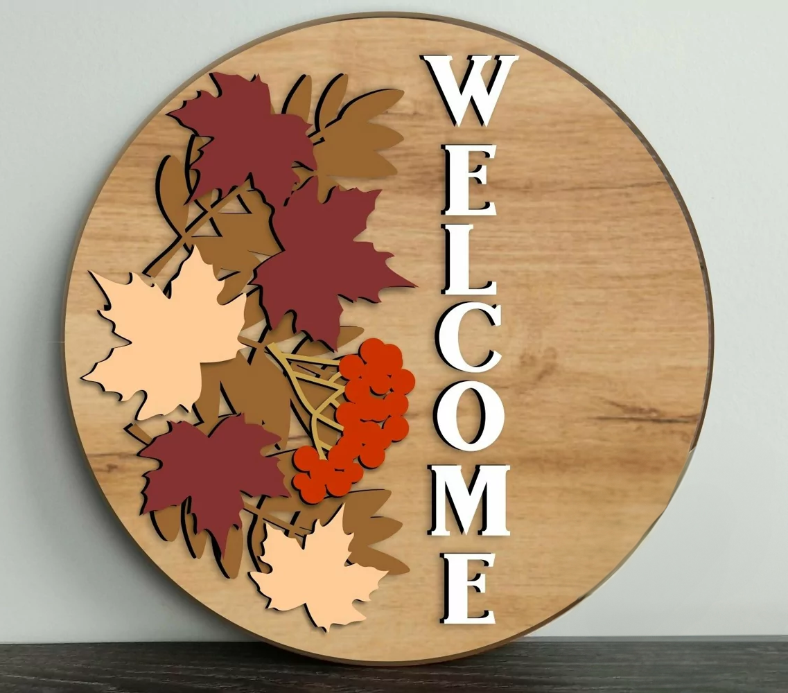Welcome Autumn Leaves Door Hanger Wood Sign
