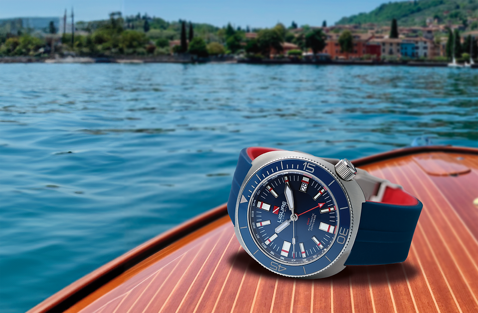 Ligure: The Riviera Diver, the signature piece. Founders Edition LWT21007 GMT on the deck of the Riva Aquariva