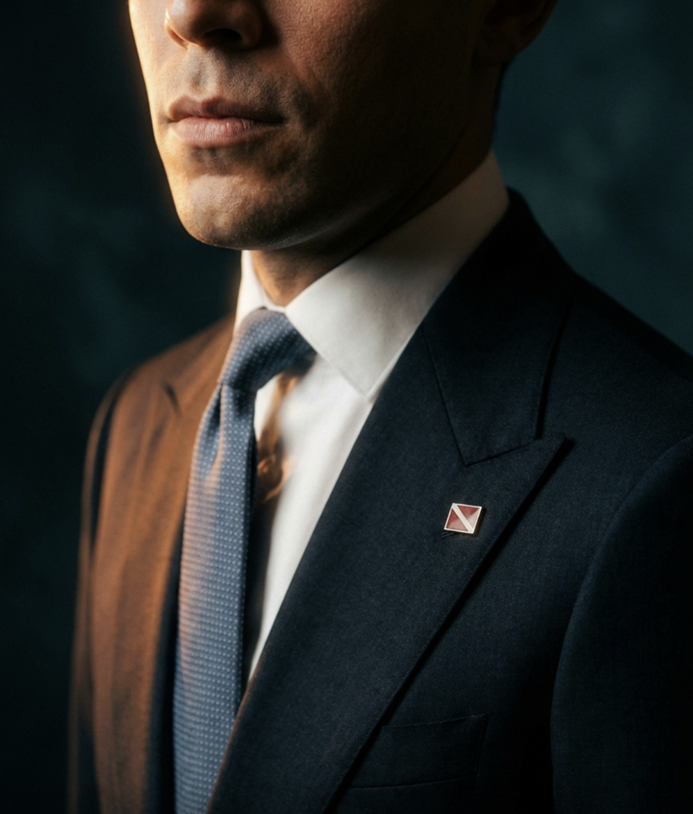 Diver down flag enamel pin on a Italian suit