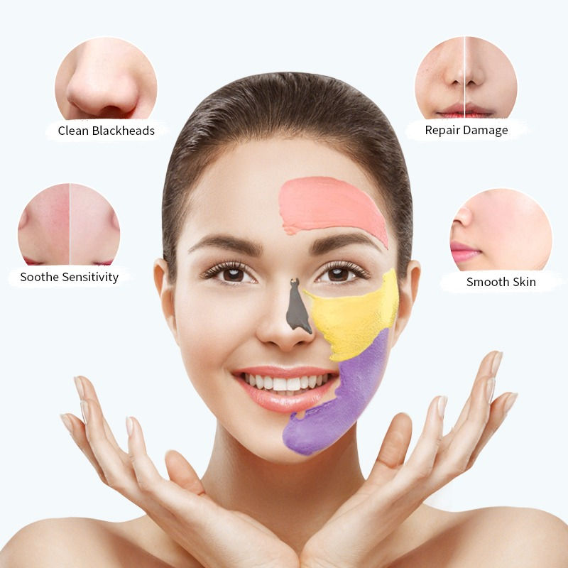 Thumbnail: Smiling woman applying colorful multi-zone facial masks showing benefits for blackheads, sensitivity, damage repair, and smoo