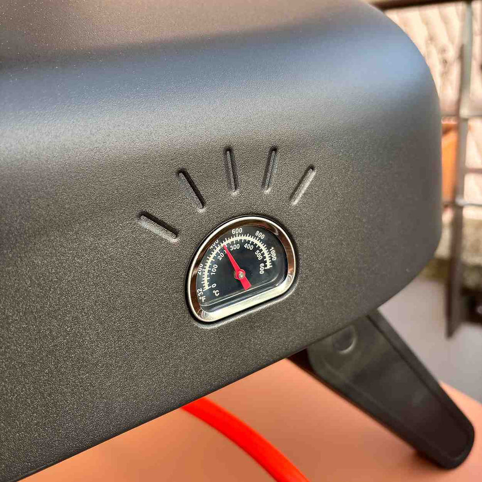 Nahaufnahme eines schwarzen Pizzaofens mit Temperaturanzeige, die 300 °C anzeigt. Im Hintergrund rote Oberflächen und Metallgitter.