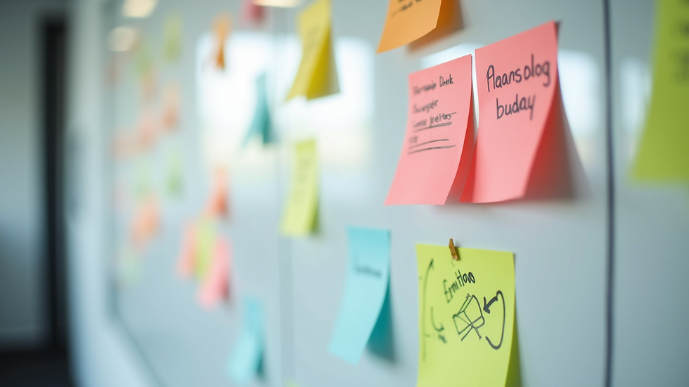 Close-up view of a whiteboard with colorful sticky notes and team planning ideas