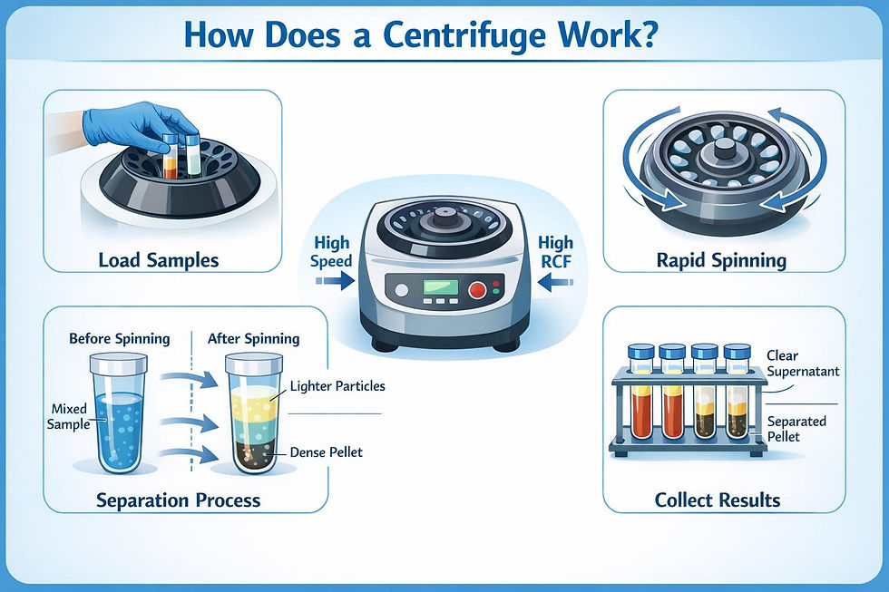 Infographic titled How Does a Centrifuge Work? shows loading samples, rapid spinning, separation into clear liquid and dense pellet, and collected tubes