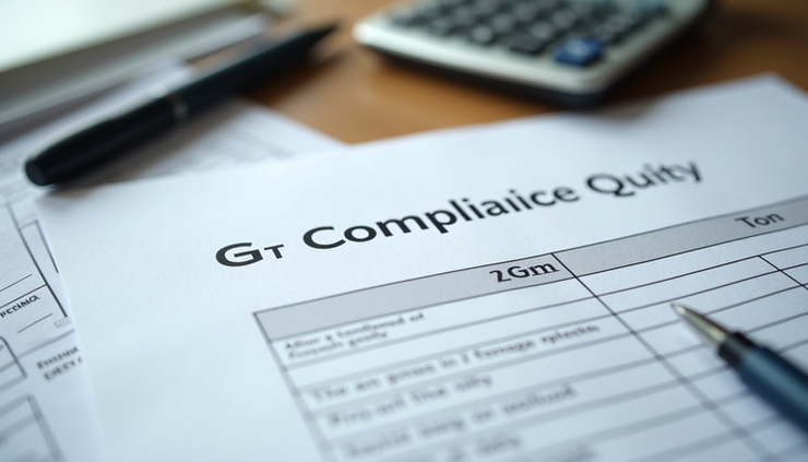 Eye-level view of a GST compliance form being filled out on a desk with a calculator and pen