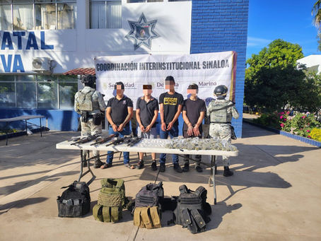 Grupo Interinstitucional detiene a 4 civiles, asegura armamento, vehículo, equipo táctico y droga en Las Coloradas, Culiacán