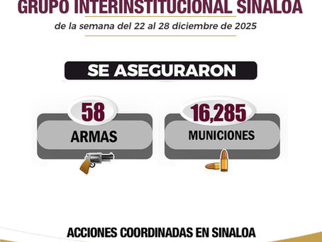 En Sinaloa estos son los resultados de las acciones del Grupo Interinstitucional en el combate a la delincuencia, del 22 al 28 de diciembre de 2025