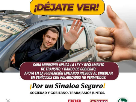 ¡Hazte visible, maneja seguro!
El polarizado debe permitir al menos un 35% de visibilidad